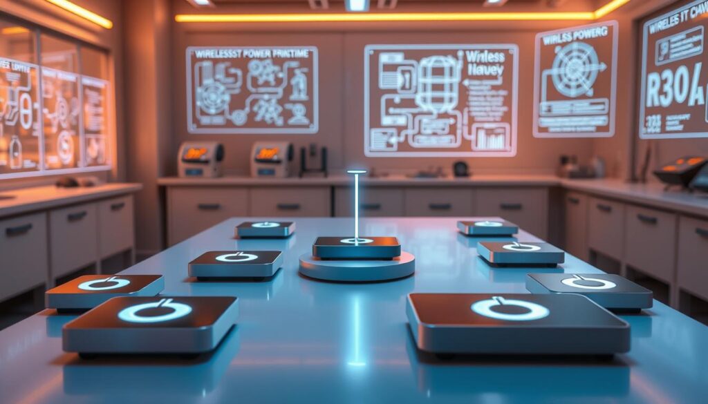 A futuristic laboratory scene featuring a central table with various wireless power transfer devices arranged neatly. The devices have sleek, minimalist designs with glowing, pulsating coils and panels. Diffused, warm lighting bathes the scene, creating a sense of scientific exploration and innovation. In the background, holographic displays showcase diagrams and schematics related to wireless power transmission principles. The overall atmosphere conveys a sense of cutting-edge technology poised to revolutionize how we power our devices, leaving behind the constraints of wired charging. A futuristic laboratory scene featuring a central table with various wireless power transfer devices arranged neatly. The devices have sleek, minimalist designs with glowing, pulsating coils and panels. Diffused, warm lighting bathes the scene, creating a sense of scientific exploration and innovation. In the background, holographic displays showcase diagrams and schematics related to wireless power transmission principles. The overall atmosphere conveys a sense of cutting-edge technology poised to revolutionize how we power our devices, leaving behind the constraints of wired charging.