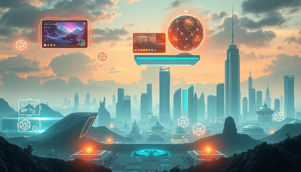 A futuristic landscape depicting the evolution of blockchain gaming. In the foreground, a digital world with holographic game interfaces and sleek, minimalist architecture. Floating above are various milestones - a retro-style pixel art game, a modern open-world adventure, and a cutting-edge metaverse experience, all connected by glowing blockchain nodes. The middle ground showcases the rapid technological advancements, from cloud gaming to decentralized game economies. In the background, a skyline of towering, neon-lit skyscrapers, hinting at the scale and integration of blockchain gaming into the urban landscape. The scene is bathed in a warm, cyberpunk-inspired color palette, conveying the excitement and rapid progress of this emerging industry. A futuristic landscape depicting the evolution of blockchain gaming. In the foreground, a digital world with holographic game interfaces and sleek, minimalist architecture. Floating above are various milestones - a retro-style pixel art game, a modern open-world adventure, and a cutting-edge metaverse experience, all connected by glowing blockchain nodes. The middle ground showcases the rapid technological advancements, from cloud gaming to decentralized game economies. In the background, a skyline of towering, neon-lit skyscrapers, hinting at the scale and integration of blockchain gaming into the urban landscape. The scene is bathed in a warm, cyberpunk-inspired color palette, conveying the excitement and rapid progress of this emerging industry.