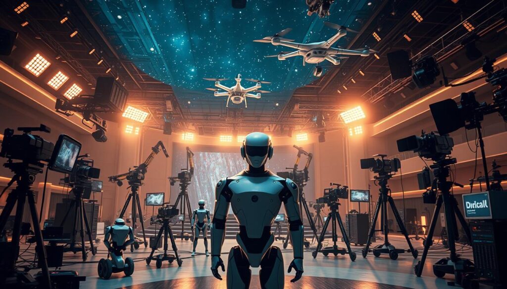 A futuristic movie studio filled with advanced robotic equipment, cameras, and lighting rigs. In the foreground, a sleek, humanoid director robot stands surrounded by a team of smaller assistant robots, all intently focused on the task at hand. The middle ground features a sprawling array of film equipment, including towering camera cranes, floating drones, and articulated robotic arms. The background showcases a vast, high-ceilinged soundstage with a starry night sky backdrop, creating a sense of grandeur and technological sophistication. Warm, cozy lighting filters through the scene, casting a soft, dreamlike glow over the robotic filmmakers as they bring their visions to life. A futuristic movie studio filled with advanced robotic equipment, cameras, and lighting rigs. In the foreground, a sleek, humanoid director robot stands surrounded by a team of smaller assistant robots, all intently focused on the task at hand. The middle ground features a sprawling array of film equipment, including towering camera cranes, floating drones, and articulated robotic arms. The background showcases a vast, high-ceilinged soundstage with a starry night sky backdrop, creating a sense of grandeur and technological sophistication. Warm, cozy lighting filters through the scene, casting a soft, dreamlike glow over the robotic filmmakers as they bring their visions to life.
