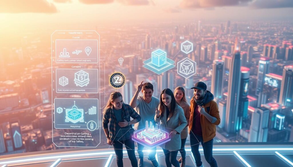 A futuristic scene depicting the integration of blockchain technology within the gaming industry. In the foreground, a sleek, holographic interface showcases various blockchain-powered gaming assets, such as rare in-game items and virtual land parcels. The middle ground features a group of gamers enthusiastically interacting with these decentralized gaming elements, their expressions conveying a sense of excitement and empowerment. In the background, a sprawling, neon-lit cityscape serves as a backdrop, symbolizing the seamless integration of blockchain technology into the urban landscape of the gaming world. The scene is illuminated by a warm, diffused lighting, creating a sense of technological advancement and innovation. A futuristic scene depicting the integration of blockchain technology within the gaming industry. In the foreground, a sleek, holographic interface showcases various blockchain-powered gaming assets, such as rare in-game items and virtual land parcels. The middle ground features a group of gamers enthusiastically interacting with these decentralized gaming elements, their expressions conveying a sense of excitement and empowerment. In the background, a sprawling, neon-lit cityscape serves as a backdrop, symbolizing the seamless integration of blockchain technology into the urban landscape of the gaming world. The scene is illuminated by a warm, diffused lighting, creating a sense of technological advancement and innovation.