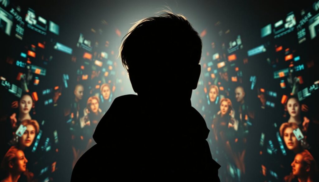 A futuristic scene depicting the rise of deepfake technology. In the foreground, a figure emerges from the shadows, their face distorted and shifting, as if a digital veneer conceals their true identity. Soft, directional lighting casts dramatic shadows, creating an atmosphere of intrigue and unease. In the middle ground, flashes of code, digital glitches, and layers of data obscure the boundaries between reality and fabrication. The background is a kaleidoscope of fragmented images, faces, and scenes, hinting at the scale and pervasiveness of this emerging threat. The overall mood is one of uncertainty, as the viewer is left to question the authenticity of what they perceive. Cinematic in style, the image conveys the gravity and implications of the deepfake era. A futuristic scene depicting the rise of deepfake technology. In the foreground, a figure emerges from the shadows, their face distorted and shifting, as if a digital veneer conceals their true identity. Soft, directional lighting casts dramatic shadows, creating an atmosphere of intrigue and unease. In the middle ground, flashes of code, digital glitches, and layers of data obscure the boundaries between reality and fabrication. The background is a kaleidoscope of fragmented images, faces, and scenes, hinting at the scale and pervasiveness of this emerging threat. The overall mood is one of uncertainty, as the viewer is left to question the authenticity of what they perceive. Cinematic in style, the image conveys the gravity and implications of the deepfake era.