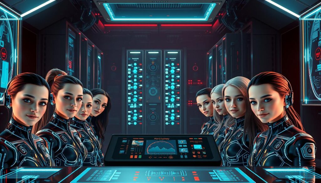 A futuristic scene of AI influencers surrounded by cutting-edge technology. In the foreground, a group of digitally-rendered virtual celebrities, their features lifelike yet subtly uncanny, pose confidently against a backdrop of sleek holographic displays and control panels. Intricate circuitry and glowing interfaces suggest the sophisticated systems powering their digital personas. The middle ground is dominated by a central console, its panel of touchscreens and flashing indicators hinting at the complex algorithms governing the influencers' behavior and online presence. In the dimly lit background, a bank of high-performance servers and data storage towers loom, their blinking lights and cooling fans representing the vast computational infrastructure enabling the creation and distribution of AI-driven content. The overall scene conveys a sense of advanced, almost mystical technology propelling the rise of virtual influencers. A futuristic scene of AI influencers surrounded by cutting-edge technology. In the foreground, a group of digitally-rendered virtual celebrities, their features lifelike yet subtly uncanny, pose confidently against a backdrop of sleek holographic displays and control panels. Intricate circuitry and glowing interfaces suggest the sophisticated systems powering their digital personas. The middle ground is dominated by a central console, its panel of touchscreens and flashing indicators hinting at the complex algorithms governing the influencers' behavior and online presence. In the dimly lit background, a bank of high-performance servers and data storage towers loom, their blinking lights and cooling fans representing the vast computational infrastructure enabling the creation and distribution of AI-driven content. The overall scene conveys a sense of advanced, almost mystical technology propelling the rise of virtual influencers.
