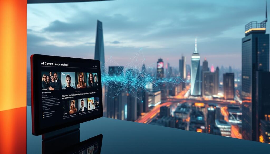 A futuristic scene of an AI-driven content curation system. In the foreground, a sleek, minimalist interface displays personalized content recommendations, powered by advanced algorithms that analyze user preferences and behaviors. In the middle ground, a complex neural network visualization pulses with data, representing the intricate machine learning processes that drive the content curation. In the background, a panoramic view of a high-tech metropolitan cityscape, with towering skyscrapers and a vibrant, neon-lit skyline, symbolizing the technological advancements transforming the streaming landscape. The scene is illuminated by a warm, ambient lighting, creating a sense of futuristic sophistication and progress. A futuristic scene of an AI-driven content curation system. In the foreground, a sleek, minimalist interface displays personalized content recommendations, powered by advanced algorithms that analyze user preferences and behaviors. In the middle ground, a complex neural network visualization pulses with data, representing the intricate machine learning processes that drive the content curation. In the background, a panoramic view of a high-tech metropolitan cityscape, with towering skyscrapers and a vibrant, neon-lit skyline, symbolizing the technological advancements transforming the streaming landscape. The scene is illuminated by a warm, ambient lighting, creating a sense of futuristic sophistication and progress.