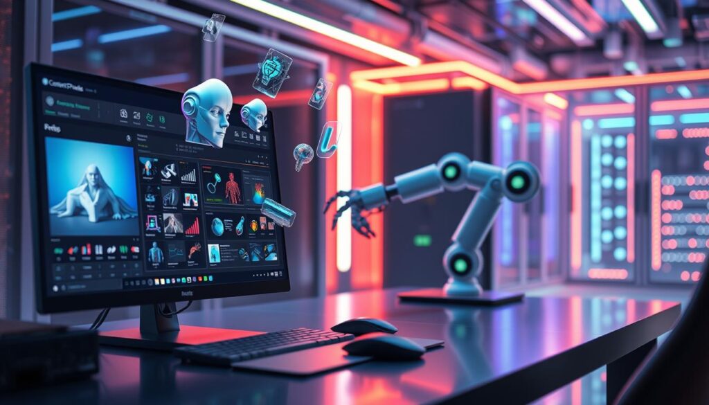 A futuristic scene showcasing the latest AI tools for content creation. In the foreground, a sleek desktop computer displays a virtual reality interface with intuitive content editing tools. Floating holograms of 3D models, data visualizations, and AI-generated artwork adorn the desk. In the middle ground, a sophisticated robotic arm moves gracefully, assisting in the creative process. The background is bathed in a cool, neon-lit atmosphere, with hints of glowing server racks and futuristic architectural elements. The overall mood is one of technological innovation, efficiency, and the seamless integration of human and artificial intelligence in the content creation workflow. A futuristic scene showcasing the latest AI tools for content creation. In the foreground, a sleek desktop computer displays a virtual reality interface with intuitive content editing tools. Floating holograms of 3D models, data visualizations, and AI-generated artwork adorn the desk. In the middle ground, a sophisticated robotic arm moves gracefully, assisting in the creative process. The background is bathed in a cool, neon-lit atmosphere, with hints of glowing server racks and futuristic architectural elements. The overall mood is one of technological innovation, efficiency, and the seamless integration of human and artificial intelligence in the content creation workflow.