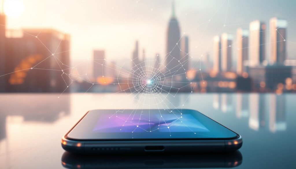 A futuristic smartphone screen with a shimmering, iridescent surface that appears to self-repair in real-time. The screen is backlit with a soft, warm glow, casting a subtle radiance on the surrounding environment. In the foreground, intricate web-like patterns spread across the screen, seamlessly knitting together any cracks or scratches, restoring the display to its pristine condition. The middle ground features a sleek, minimalist smartphone design, hinting at advanced materials and engineering. The background is a softly blurred, futuristic cityscape, suggesting the ubiquity of this revolutionary technology. The overall scene conveys a sense of awe and wonder at the self-healing capabilities of these next-generation phone screens. A futuristic smartphone screen with a shimmering, iridescent surface that appears to self-repair in real-time. The screen is backlit with a soft, warm glow, casting a subtle radiance on the surrounding environment. In the foreground, intricate web-like patterns spread across the screen, seamlessly knitting together any cracks or scratches, restoring the display to its pristine condition. The middle ground features a sleek, minimalist smartphone design, hinting at advanced materials and engineering. The background is a softly blurred, futuristic cityscape, suggesting the ubiquity of this revolutionary technology. The overall scene conveys a sense of awe and wonder at the self-healing capabilities of these next-generation phone screens.