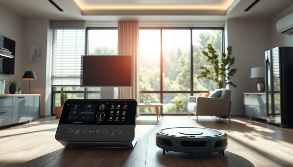 A futuristic, well-lit interior of a modern, AI-powered smart home showcasing various automated home devices and appliances. In the foreground, a sleek, minimalist control panel with voice-activated commands and seamless touchscreen interfaces. In the middle ground, intelligent lighting systems, self-adjusting blinds, and a robotic vacuum cleaner cleaning the floor autonomously. The background features a large window overlooking a lush, green landscape, bathed in natural light. The overall atmosphere conveys a sense of efficiency, convenience, and harmony between technology and the home environment. Unlock the power of AI to automate your home: A futuristic, well-lit interior of a modern, AI-powered smart home showcasing various automated home devices and appliances. In the foreground, a sleek, minimalist control panel with voice-activated commands and seamless touchscreen interfaces. In the middle ground, intelligent lighting systems, self-adjusting blinds, and a robotic vacuum cleaner cleaning the floor autonomously. The background features a large window overlooking a lush, green landscape, bathed in natural light. The overall atmosphere conveys a sense of efficiency, convenience, and harmony between technology and the home environment.