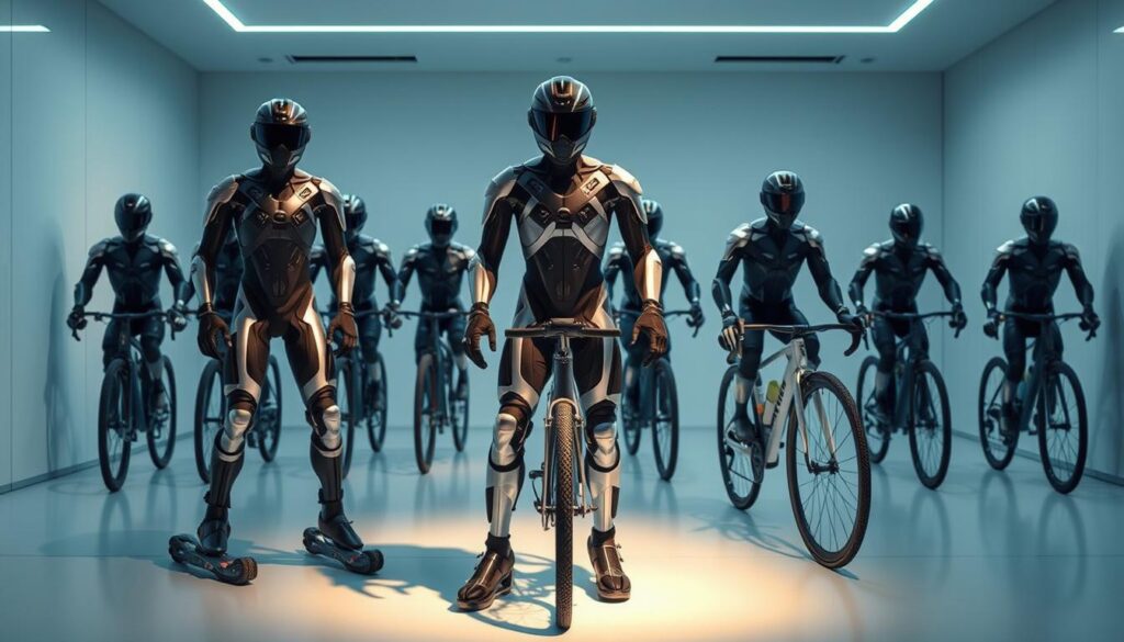 A group of futuristic exoskeletons designed for high-performance cycling, standing in a sleek, minimalist showroom setting. The skeletons are made of lightweight, high-tensile alloys in shades of silver and black, with articulated joints and integrated controls. Ambient lighting casts dramatic shadows, highlighting the exoskeletons' bold, angular forms. The foreground features a central exosuit with a streamlined, aerodynamic profile, while the background showcases a diverse array of models tailored for different cycling disciplines - from urban commuters to off-road adventurers. An atmosphere of innovation and technological prowess pervades the scene, evoking the exciting possibilities of this emerging mobility revolution. A group of futuristic exoskeletons designed for high-performance cycling, standing in a sleek, minimalist showroom setting. The skeletons are made of lightweight, high-tensile alloys in shades of silver and black, with articulated joints and integrated controls. Ambient lighting casts dramatic shadows, highlighting the exoskeletons' bold, angular forms. The foreground features a central exosuit with a streamlined, aerodynamic profile, while the background showcases a diverse array of models tailored for different cycling disciplines - from urban commuters to off-road adventurers. An atmosphere of innovation and technological prowess pervades the scene, evoking the exciting possibilities of this emerging mobility revolution.