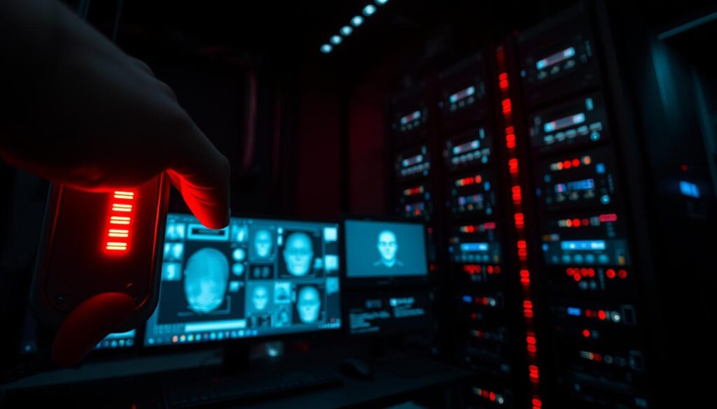 A high-contrast, cinematic scene of biometric security systems. In the foreground, a technician's hand carefully places a finger on a sleek, metallic fingerprint scanner, its red LED light casting an ominous glow. The middle ground features a bank of monitors displaying various biometric data, from iris scans to facial recognition. In the background, a towering server rack hums with activity, its blinking lights like an electronic heartbeat. The lighting is dramatic, with deep shadows and highlights that convey a sense of power and authority. The overall atmosphere is one of technological control and the potential for vulnerability. A high-contrast, cinematic scene of biometric security systems. In the foreground, a technician's hand carefully places a finger on a sleek, metallic fingerprint scanner, its red LED light casting an ominous glow. The middle ground features a bank of monitors displaying various biometric data, from iris scans to facial recognition. In the background, a towering server rack hums with activity, its blinking lights like an electronic heartbeat. The lighting is dramatic, with deep shadows and highlights that convey a sense of power and authority. The overall atmosphere is one of technological control and the potential for vulnerability.