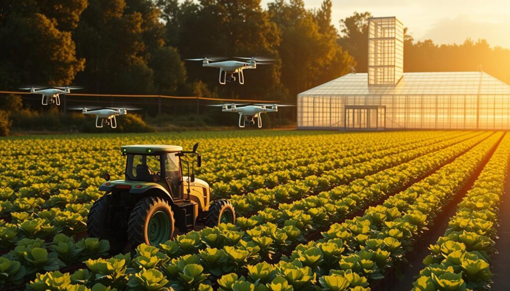 A high-tech agricultural landscape, bathed in warm, golden sunlight. In the foreground, autonomous tractors navigate precisely through rows of lush, verdant crops, their robotic arms skillfully tending to the plants. In the middle ground, state-of-the-art drones hover above, scanning the fields and delivering real-time data to an integrated control system. In the background, a modern, eco-friendly greenhouse stands tall, its glass panels reflecting the sky above. The scene exudes a sense of efficiency, innovation, and a harmonious balance between technology and nature, exemplifying the future of sustainable, automated farming. A high-tech agricultural landscape, bathed in warm, golden sunlight. In the foreground, autonomous tractors navigate precisely through rows of lush, verdant crops, their robotic arms skillfully tending to the plants. In the middle ground, state-of-the-art drones hover above, scanning the fields and delivering real-time data to an integrated control system. In the background, a modern, eco-friendly greenhouse stands tall, its glass panels reflecting the sky above. The scene exudes a sense of efficiency, innovation, and a harmonious balance between technology and nature, exemplifying the future of sustainable, automated farming.