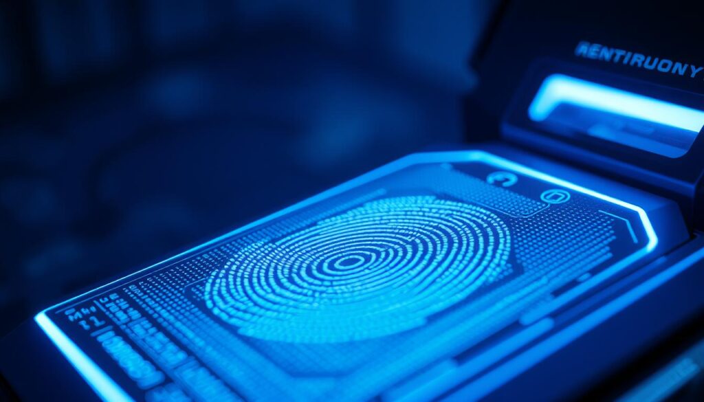 A high-tech biometric security system, with a close-up view of a futuristic fingerprint scanner. The device is illuminated by subtle blue lighting, creating a sleek and modern aesthetic. The fingerprint sensor is prominently featured, its intricate surface texture and sensor array visible in sharp detail. The background fades into a hazy, blurred expanse, emphasizing the technological focus of the image. The overall mood is one of precision, security, and the cutting edge of biometric identification technology. A high-tech biometric security system, with a close-up view of a futuristic fingerprint scanner. The device is illuminated by subtle blue lighting, creating a sleek and modern aesthetic. The fingerprint sensor is prominently featured, its intricate surface texture and sensor array visible in sharp detail. The background fades into a hazy, blurred expanse, emphasizing the technological focus of the image. The overall mood is one of precision, security, and the cutting edge of biometric identification technology.