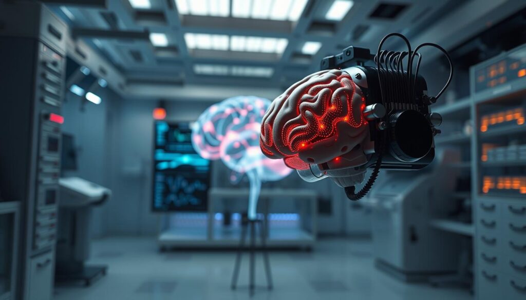 A high-tech brain-computer interface device, sleekly designed with metallic accents, hovers in the foreground, its sensors and electrodes positioned to seamlessly connect with the human brain. In the middle ground, a virtual 3D model of a human brain pulsates with live data visualizations, representing the real-time neural signals being processed by the interface. The background depicts a futuristic laboratory setting, with advanced diagnostic equipment, glowing displays, and a serene, contemplative atmosphere, suggesting the cutting-edge research and development behind these mind-controlled technologies. Dramatic lighting casts dramatic shadows, heightening the sense of innovation and discovery. A high-tech brain-computer interface device, sleekly designed with metallic accents, hovers in the foreground, its sensors and electrodes positioned to seamlessly connect with the human brain. In the middle ground, a virtual 3D model of a human brain pulsates with live data visualizations, representing the real-time neural signals being processed by the interface. The background depicts a futuristic laboratory setting, with advanced diagnostic equipment, glowing displays, and a serene, contemplative atmosphere, suggesting the cutting-edge research and development behind these mind-controlled technologies. Dramatic lighting casts dramatic shadows, heightening the sense of innovation and discovery.