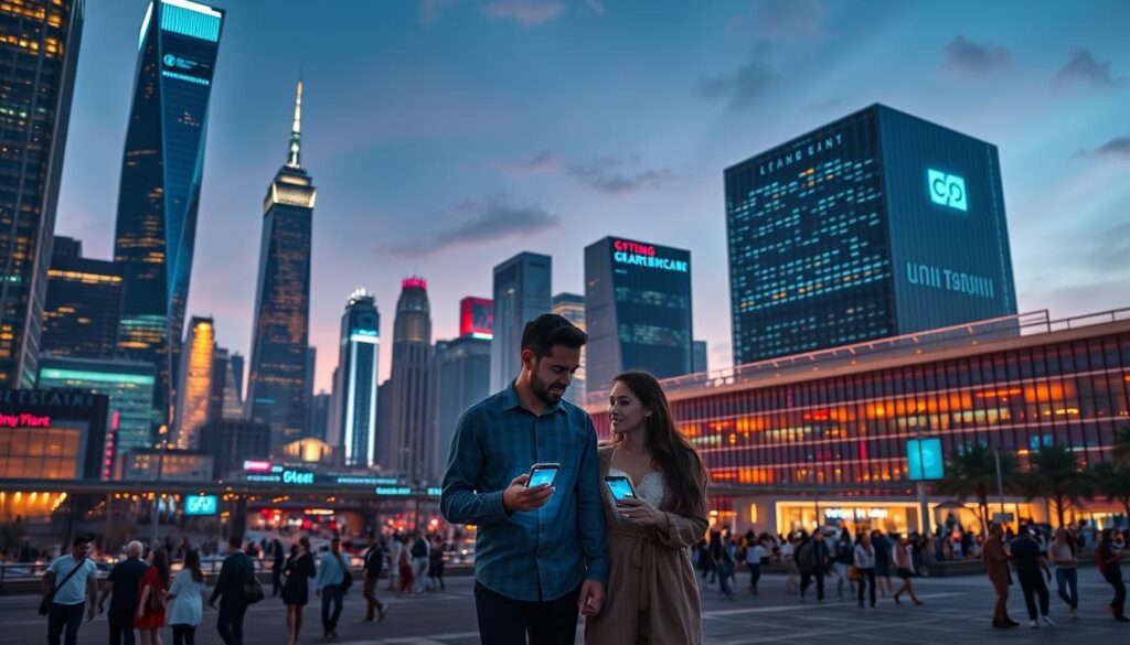 A high-tech cityscape at dusk, with towering skyscrapers illuminated by neon lights and holographic displays. In the foreground, a couple walks hand-in-hand, their faces lit by the glow of their smartphone screens as they navigate a cutting-edge dating app. The middle ground features a bustling public plaza, where people mingle and interact, their movements tracked by a network of sensors and cameras. In the background, a massive data center pulses with the energy of algorithms processing millions of user profiles, matching compatible individuals with precision and efficiency. The scene conveys a sense of progress, connectivity, and the seamless integration of technology into the fabric of modern romance. A high-tech cityscape at dusk, with towering skyscrapers illuminated by neon lights and holographic displays. In the foreground, a couple walks hand-in-hand, their faces lit by the glow of their smartphone screens as they navigate a cutting-edge dating app. The middle ground features a bustling public plaza, where people mingle and interact, their movements tracked by a network of sensors and cameras. In the background, a massive data center pulses with the energy of algorithms processing millions of user profiles, matching compatible individuals with precision and efficiency. The scene conveys a sense of progress, connectivity, and the seamless integration of technology into the fabric of modern romance.