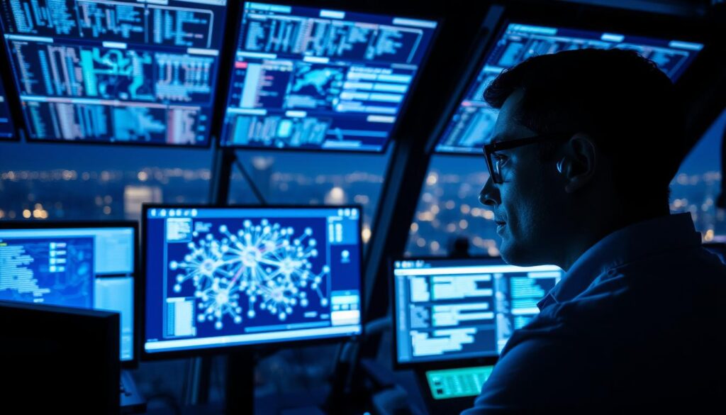 A high-tech command center, bathed in a bluish glow from multiple screens displaying complex data visualizations. In the foreground, an analyst intently monitors a network topology diagram, their face illuminated by the flickering lights. Behind them, a panoramic window reveals a nighttime cityscape, underscoring the gravity of the AI-driven threat detection system's work. Advanced algorithms scour the digital landscape, flagging anomalies and potential vulnerabilities in real-time. The atmosphere is one of focus, urgency, and the relentless pursuit of cybersecurity. A high-tech command center, bathed in a bluish glow from multiple screens displaying complex data visualizations. In the foreground, an analyst intently monitors a network topology diagram, their face illuminated by the flickering lights. Behind them, a panoramic window reveals a nighttime cityscape, underscoring the gravity of the AI-driven threat detection system's work. Advanced algorithms scour the digital landscape, flagging anomalies and potential vulnerabilities in real-time. The atmosphere is one of focus, urgency, and the relentless pursuit of cybersecurity.