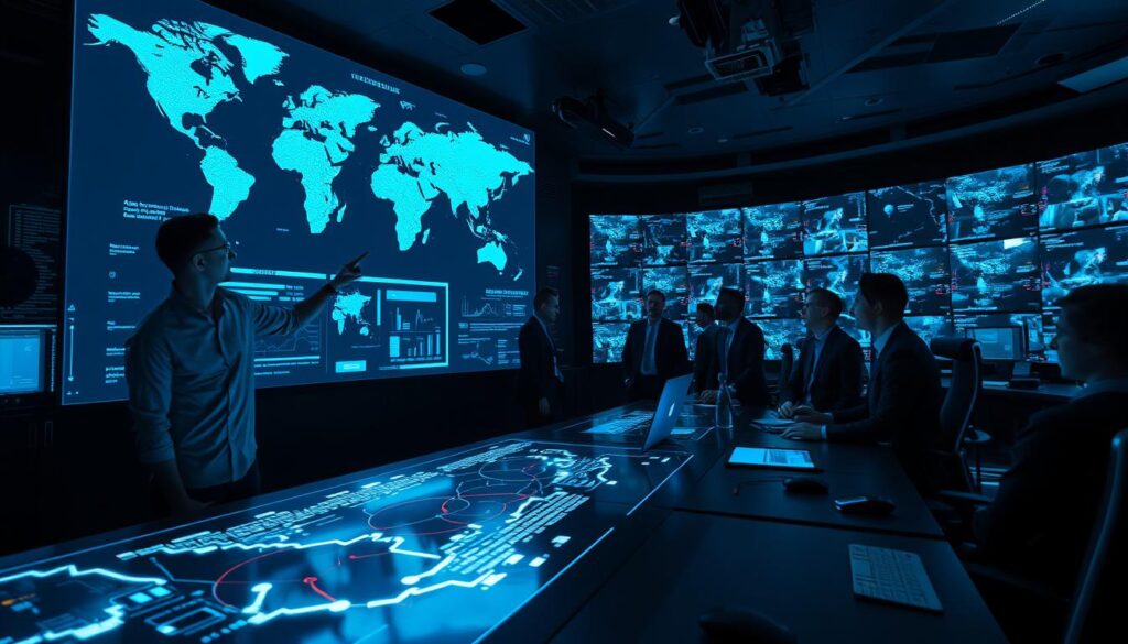 A high-tech command center with holographic displays, real-time security analytics, and a team of cybersecurity experts monitoring threat detection and incident response. The room is dimly lit, with glowing console screens casting an eerie blue glow. In the foreground, a lead analyst points to a large 3D map, highlighting potential breach points and mitigation strategies. The middle ground features a team of analysts collaborating on incident reports and response plans, their faces illuminated by the screens. The background showcases a wall of surveillance feeds, providing a comprehensive view of the organization's digital perimeter. The overall atmosphere is one of intense focus, urgency, and a relentless dedication to safeguarding the enterprise against evolving cyber threats. A high-tech command center with holographic displays, real-time security analytics, and a team of cybersecurity experts monitoring threat detection and incident response. The room is dimly lit, with glowing console screens casting an eerie blue glow. In the foreground, a lead analyst points to a large 3D map, highlighting potential breach points and mitigation strategies. The middle ground features a team of analysts collaborating on incident reports and response plans, their faces illuminated by the screens. The background showcases a wall of surveillance feeds, providing a comprehensive view of the organization's digital perimeter. The overall atmosphere is one of intense focus, urgency, and a relentless dedication to safeguarding the enterprise against evolving cyber threats.