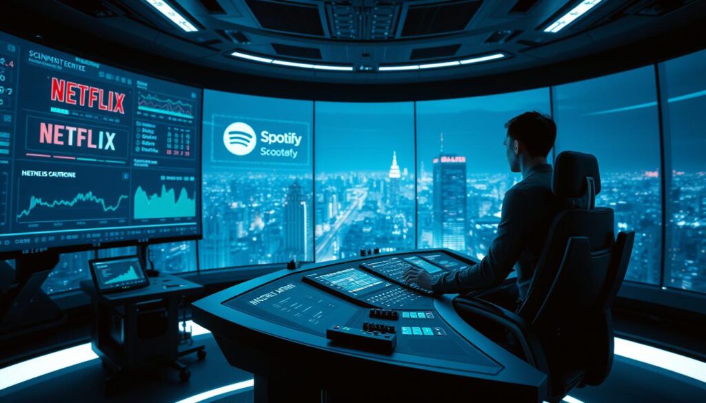 A high-tech control room with multiple holographic screens displaying real-time data and analytics from Netflix, Spotify, and TikTok. In the foreground, a lone figure in a sleek, futuristic outfit sits in a swivel chair, hands on a complex dashboard, overseeing the AI systems that power these platforms. The room is dimly lit, with a cool, blue-tinted lighting scheme, creating an atmosphere of precision and control. The background is a vast, panoramic window overlooking a bustling, neon-lit cityscape, hinting at the scale and reach of these AI-driven technologies. The overall scene conveys a sense of the unseen forces shaping our digital experiences, and the need to better understand and manage our relationship with these powerful AI systems. A high-tech control room with multiple holographic screens displaying real-time data and analytics from Netflix, Spotify, and TikTok. In the foreground, a lone figure in a sleek, futuristic outfit sits in a swivel chair, hands on a complex dashboard, overseeing the AI systems that power these platforms. The room is dimly lit, with a cool, blue-tinted lighting scheme, creating an atmosphere of precision and control. The background is a vast, panoramic window overlooking a bustling, neon-lit cityscape, hinting at the scale and reach of these AI-driven technologies. The overall scene conveys a sense of the unseen forces shaping our digital experiences, and the need to better understand and manage our relationship with these powerful AI systems.