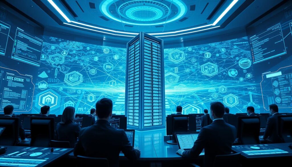 A high-tech cybersecurity control room, with futuristic holographic displays and AI-powered threat detection systems. In the foreground, a team of analysts in sleek uniforms monitor real-time data streams, their faces illuminated by the glow of advanced interfaces. The middle ground features a towering, angular data center, its server racks pulsing with cryptographic activity. In the background, a vast, three-dimensional map of the digital landscape unfolds, revealing intricate patterns of network traffic and potential vulnerabilities. The scene is bathed in a cool, blue-tinted lighting, conveying a sense of precision, vigilance, and the seamless integration of human and machine intelligence in the pursuit of robust cybersecurity. A high-tech cybersecurity control room, with futuristic holographic displays and AI-powered threat detection systems. In the foreground, a team of analysts in sleek uniforms monitor real-time data streams, their faces illuminated by the glow of advanced interfaces. The middle ground features a towering, angular data center, its server racks pulsing with cryptographic activity. In the background, a vast, three-dimensional map of the digital landscape unfolds, revealing intricate patterns of network traffic and potential vulnerabilities. The scene is bathed in a cool, blue-tinted lighting, conveying a sense of precision, vigilance, and the seamless integration of human and machine intelligence in the pursuit of robust cybersecurity.