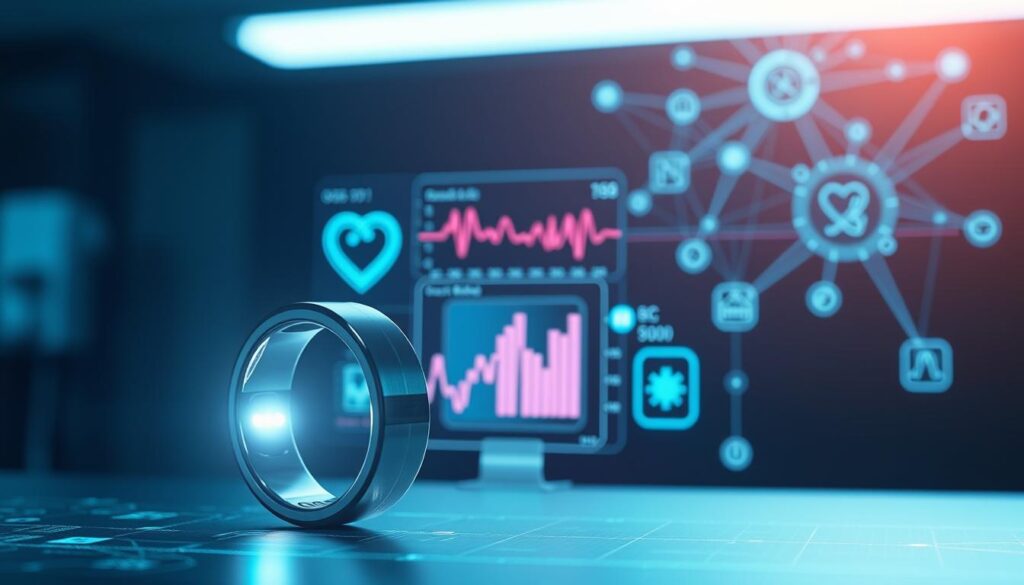 A high-tech healthcare interface displaying real-time biometric data. In the foreground, a sleek biometric ring glows softly, its sensors tracking the wearer's vital signs. The middle ground features a holographic display showing dynamic visualizations of heart rate, blood oxygen levels, and other health metrics. In the background, a network of digital threads interconnects various medical devices, creating a seamless IoT ecosystem. The lighting is clean and clinical, with cool tones that evoke the precision of modern healthcare technology. The overall scene conveys the integration of advanced biometrics into everyday medical practice, hinting at the future of personalized health monitoring. A high-tech healthcare interface displaying real-time biometric data. In the foreground, a sleek biometric ring glows softly, its sensors tracking the wearer's vital signs. The middle ground features a holographic display showing dynamic visualizations of heart rate, blood oxygen levels, and other health metrics. In the background, a network of digital threads interconnects various medical devices, creating a seamless IoT ecosystem. The lighting is clean and clinical, with cool tones that evoke the precision of modern healthcare technology. The overall scene conveys the integration of advanced biometrics into everyday medical practice, hinting at the future of personalized health monitoring.