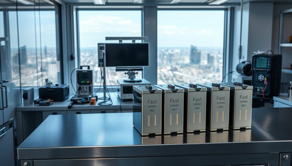 A high-tech laboratory setting with a sleek, modern aesthetic. In the foreground, a set of fast-charging batteries on a stainless steel workbench, their metallic casings gleaming under the bright, directional lighting. In the middle ground, various electronic components and test equipment surround the batteries, hinting at the ongoing research and development. The background features a large window overlooking a cityscape, the urban landscape visible through the clean, tinted glass. The overall atmosphere conveys a sense of innovation, technological advancement, and the promise of a future with more efficient energy storage solutions. A high-tech laboratory setting with a sleek, modern aesthetic. In the foreground, a set of fast-charging batteries on a stainless steel workbench, their metallic casings gleaming under the bright, directional lighting. In the middle ground, various electronic components and test equipment surround the batteries, hinting at the ongoing research and development. The background features a large window overlooking a cityscape, the urban landscape visible through the clean, tinted glass. The overall atmosphere conveys a sense of innovation, technological advancement, and the promise of a future with more efficient energy storage solutions.