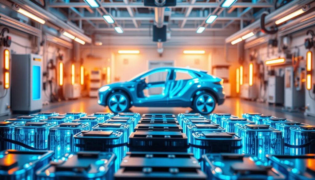 A high-tech laboratory setting with an array of fast-charging batteries in the foreground, glowing with an intense blue-white radiance. In the middle ground, a next-generation electric vehicle taking shape, its sleek silhouette hinting at lightning-fast recharge times. The background bathes in a warm, futuristic lighting, conveying a sense of innovation and progress. Crisp details, precise engineering, and a palpable energy permeate the scene, capturing the transformative potential of this emerging battery technology. A high-tech laboratory setting with an array of fast-charging batteries in the foreground, glowing with an intense blue-white radiance. In the middle ground, a next-generation electric vehicle taking shape, its sleek silhouette hinting at lightning-fast recharge times. The background bathes in a warm, futuristic lighting, conveying a sense of innovation and progress. Crisp details, precise engineering, and a palpable energy permeate the scene, capturing the transformative potential of this emerging battery technology.