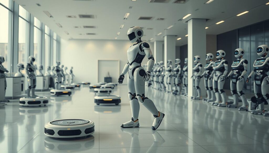 A high-tech showroom filled with state-of-the-art domestic robots. In the foreground, a sleek and sophisticated humanoid assistant operates seamlessly, its movements precise and its sensors alert. In the middle ground, a fleet of compact cleaning robots zip across the floor, efficiently navigating the space. In the background, a collection of cutting-edge cooking bots stand ready, their interfaces glowing with customizable menus. Soft, diffused lighting illuminates the scene, creating a sense of modern elegance. The overall atmosphere conveys a vision of the future where intelligent, high-performing domestic robots are the norm, revolutionizing household tasks and ushering in a new era of convenience and efficiency. A high-tech showroom filled with state-of-the-art domestic robots. In the foreground, a sleek and sophisticated humanoid assistant operates seamlessly, its movements precise and its sensors alert. In the middle ground, a fleet of compact cleaning robots zip across the floor, efficiently navigating the space. In the background, a collection of cutting-edge cooking bots stand ready, their interfaces glowing with customizable menus. Soft, diffused lighting illuminates the scene, creating a sense of modern elegance. The overall atmosphere conveys a vision of the future where intelligent, high-performing domestic robots are the norm, revolutionizing household tasks and ushering in a new era of convenience and efficiency.