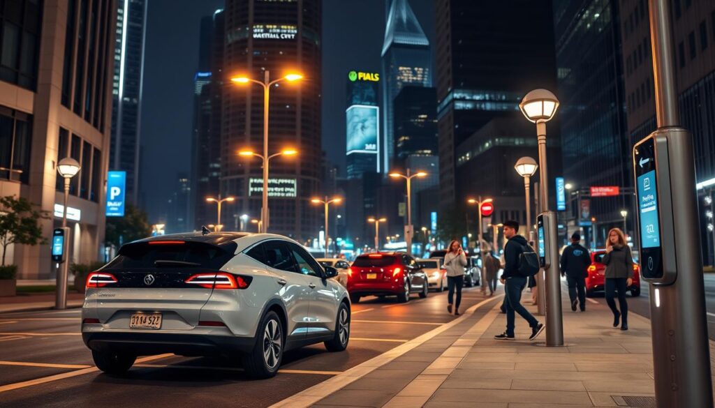 A modern city street at night, illuminated by warm streetlights and glowing smart parking meters. In the foreground, a sleek electric vehicle slides effortlessly into an available spot, its onboard sensors communicating with the smart parking system. In the middle ground, pedestrians stroll past, their mobile devices displaying real-time parking availability and guiding them to open spaces. In the background, towering skyscrapers and bustling traffic create a vibrant, technologically-advanced atmosphere. The scene conveys a sense of efficiency, connectivity, and the seamless integration of smart infrastructure into the urban landscape. A modern city street at night, illuminated by warm streetlights and glowing smart parking meters. In the foreground, a sleek electric vehicle slides effortlessly into an available spot, its onboard sensors communicating with the smart parking system. In the middle ground, pedestrians stroll past, their mobile devices displaying real-time parking availability and guiding them to open spaces. In the background, towering skyscrapers and bustling traffic create a vibrant, technologically-advanced atmosphere. The scene conveys a sense of efficiency, connectivity, and the seamless integration of smart infrastructure into the urban landscape.