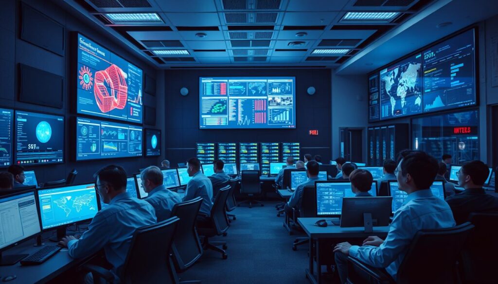 A modern, high-tech Security Operations Center, bathed in the soft glow of multiple display screens. The room is filled with rows of desks, each equipped with sleek computer monitors and ergonomic chairs. In the foreground, analysts in crisp uniforms intently study the data visualizations on their screens, their faces reflecting the gravity of their work. In the middle ground, a large video wall displays real-time threat intelligence, cybersecurity dashboards, and network diagrams. The background features an array of servers, network switches, and other cybersecurity infrastructure, all illuminated by cool, blue-tinted lighting to evoke a sense of technical sophistication. An atmosphere of vigilance and professionalism pervades the scene, as the SOC team works tirelessly to defend against cyber threats. A modern, high-tech Security Operations Center, bathed in the soft glow of multiple display screens. The room is filled with rows of desks, each equipped with sleek computer monitors and ergonomic chairs. In the foreground, analysts in crisp uniforms intently study the data visualizations on their screens, their faces reflecting the gravity of their work. In the middle ground, a large video wall displays real-time threat intelligence, cybersecurity dashboards, and network diagrams. The background features an array of servers, network switches, and other cybersecurity infrastructure, all illuminated by cool, blue-tinted lighting to evoke a sense of technical sophistication. An atmosphere of vigilance and professionalism pervades the scene, as the SOC team works tirelessly to defend against cyber threats.
