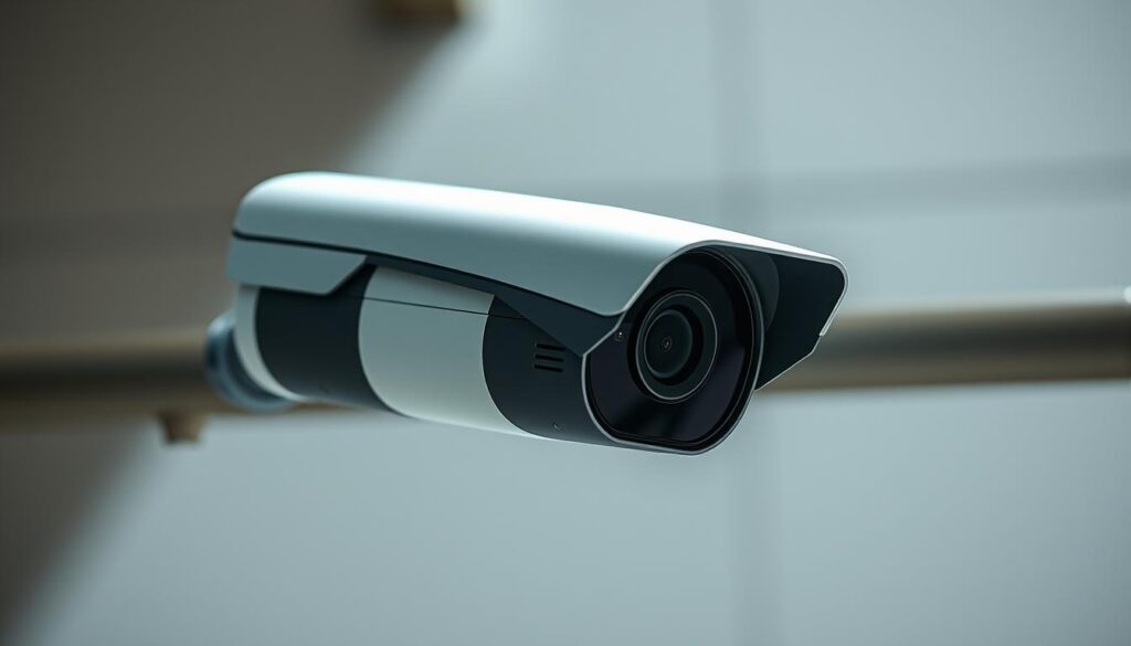 A modern high-tech surveillance camera with a sleek, minimalist design. It features a compact body with a high-resolution lens, a motorized pan-tilt mechanism, and discreet infrared LEDs for night vision. The camera is mounted on a sturdy metal arm, angled to provide a wide, unobtrusive view of the surrounding area. The lighting is crisp and directional, casting sharp shadows that highlight the camera's angular profile. The scene is set against a neutral, industrial backdrop, emphasizing the camera's technical, functional nature. The overall mood is one of quiet efficiency and unobtrusive monitoring, reflecting the ubiquity of such surveillance technologies in the modern world. A modern high-tech surveillance camera with a sleek, minimalist design. It features a compact body with a high-resolution lens, a motorized pan-tilt mechanism, and discreet infrared LEDs for night vision. The camera is mounted on a sturdy metal arm, angled to provide a wide, unobtrusive view of the surrounding area. The lighting is crisp and directional, casting sharp shadows that highlight the camera's angular profile. The scene is set against a neutral, industrial backdrop, emphasizing the camera's technical, functional nature. The overall mood is one of quiet efficiency and unobtrusive monitoring, reflecting the ubiquity of such surveillance technologies in the modern world.