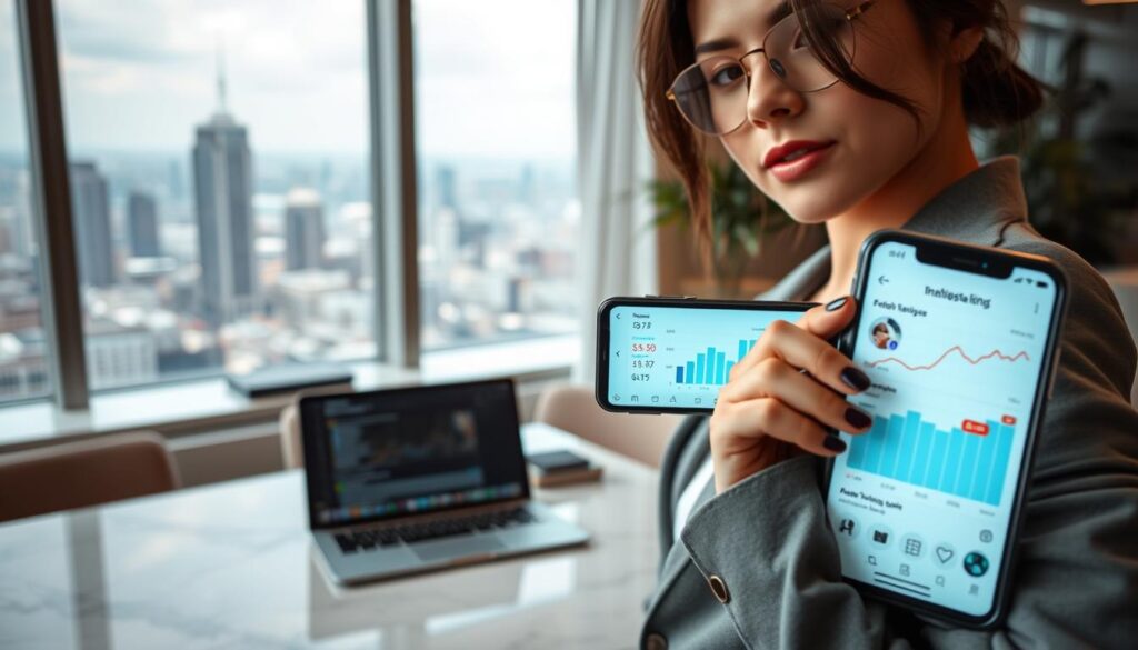 A modern office space with a marble-topped desk, a laptop, and a smartphone displaying social media analytics. In the foreground, a stylishly dressed influencer poses confidently, their face obscured by a low-angle shot. The background features a panoramic city skyline, hinting at the global reach of their online presence. Soft, warm lighting illuminates the scene, evoking a sense of professional success and creative influence. The overall atmosphere conveys the transformative power of influencer marketing in the creator economy. A modern office space with a marble-topped desk, a laptop, and a smartphone displaying social media analytics. In the foreground, a stylishly dressed influencer poses confidently, their face obscured by a low-angle shot. The background features a panoramic city skyline, hinting at the global reach of their online presence. Soft, warm lighting illuminates the scene, evoking a sense of professional success and creative influence. The overall atmosphere conveys the transformative power of influencer marketing in the creator economy.