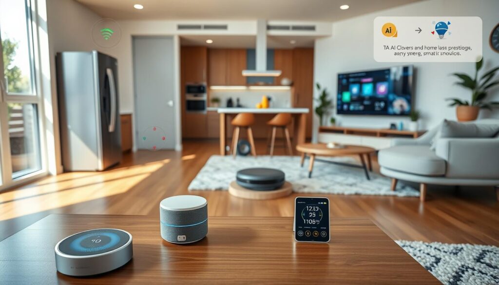 A modern smart home interior with various AI-powered devices seamlessly integrated throughout. In the foreground, a sleek, minimalist coffee table with an intelligent digital assistant, voice-controlled lighting, and a smart thermostat. The middle ground showcases a stylish kitchen with an AI-enhanced refrigerator, robotic vacuum, and a touchscreen control panel. In the background, a cozy living room features a large, high-definition TV with smart home automation, virtual assistant integration, and energy-efficient climate control. The entire scene is bathed in warm, natural lighting, creating a harmonious and efficient smart home environment. A modern smart home interior with various AI-powered devices seamlessly integrated throughout. In the foreground, a sleek, minimalist coffee table with an intelligent digital assistant, voice-controlled lighting, and a smart thermostat. The middle ground showcases a stylish kitchen with an AI-enhanced refrigerator, robotic vacuum, and a touchscreen control panel. In the background, a cozy living room features a large, high-definition TV with smart home automation, virtual assistant integration, and energy-efficient climate control. The entire scene is bathed in warm, natural lighting, creating a harmonious and efficient smart home environment.