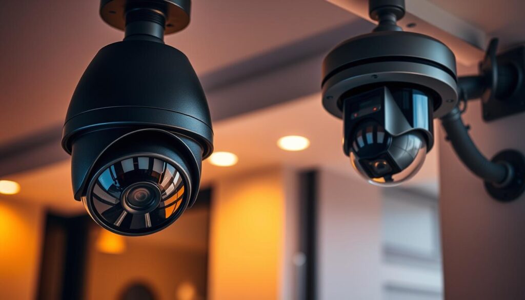 A modern surveillance setup showcasing indoor and outdoor security cameras. In the foreground, a sleek black dome camera with a wide-angle lens mounted on a ceiling, capturing a broad view of the room below. In the middle ground, a weatherproof bullet camera on the exterior wall, its adjustable lens aimed to monitor the perimeter. In the background, a panoramic camera on a high corner, rotating slowly to scan the outdoor environment with its high-definition sensors. The scene is illuminated by warm, subtle lighting, creating a sense of vigilance and safety, while hinting at the technological complexity of the surveillance system. A modern surveillance setup showcasing indoor and outdoor security cameras. In the foreground, a sleek black dome camera with a wide-angle lens mounted on a ceiling, capturing a broad view of the room below. In the middle ground, a weatherproof bullet camera on the exterior wall, its adjustable lens aimed to monitor the perimeter. In the background, a panoramic camera on a high corner, rotating slowly to scan the outdoor environment with its high-definition sensors. The scene is illuminated by warm, subtle lighting, creating a sense of vigilance and safety, while hinting at the technological complexity of the surveillance system.