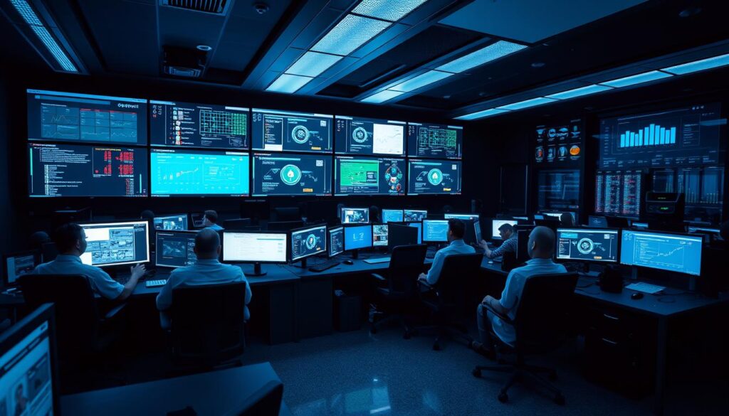 A modern, well-equipped security operations center (SOC) with advanced monitoring consoles, security dashboards, and analysts intently focused on detecting and responding to cybersecurity threats. The SOC is situated in a dimly lit, high-tech environment with banks of monitors casting a soft, blue glow. Numerous screens display real-time data feeds, security alerts, and analytical visualizations, while a team of dedicated professionals work collaboratively to ensure regulatory compliance and uphold industry security standards. The atmosphere is one of vigilance, professionalism, and a relentless pursuit of protecting the organization's digital assets. A modern, well-equipped security operations center (SOC) with advanced monitoring consoles, security dashboards, and analysts intently focused on detecting and responding to cybersecurity threats. The SOC is situated in a dimly lit, high-tech environment with banks of monitors casting a soft, blue glow. Numerous screens display real-time data feeds, security alerts, and analytical visualizations, while a team of dedicated professionals work collaboratively to ensure regulatory compliance and uphold industry security standards. The atmosphere is one of vigilance, professionalism, and a relentless pursuit of protecting the organization's digital assets.