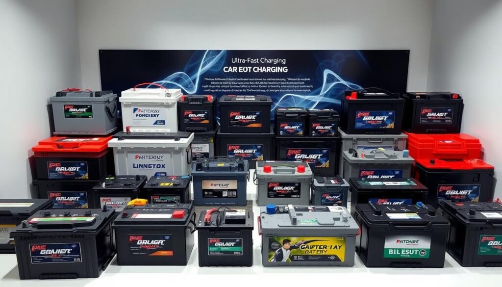 A neatly arranged display of various car battery brands, each showcasing its iconic design and technological innovations. The scene is captured in a well-lit, studio-like setting, allowing the batteries to take center stage. The foreground features a range of popular battery models, meticulously detailed and presented against a clean, neutral background. The middle ground showcases the technical specifications and advanced features of each brand, hinting at the advancements in battery technology. The background subtly suggests a futuristic, cutting-edge atmosphere, alluding to the potential for ultra-fast charging capabilities in the next generation of automotive batteries. A neatly arranged display of various car battery brands, each showcasing its iconic design and technological innovations. The scene is captured in a well-lit, studio-like setting, allowing the batteries to take center stage. The foreground features a range of popular battery models, meticulously detailed and presented against a clean, neutral background. The middle ground showcases the technical specifications and advanced features of each brand, hinting at the advancements in battery technology. The background subtly suggests a futuristic, cutting-edge atmosphere, alluding to the potential for ultra-fast charging capabilities in the next generation of automotive batteries.
