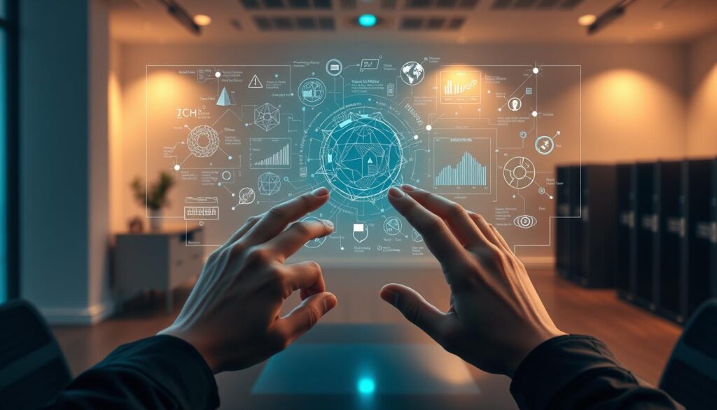 A pair of human hands interacting with a holographic interface displaying intricate algorithms and data visualizations, representing the use of machine learning in modern matchmaking technology. The scene is set in a sleek, minimalist office environment bathed in warm, soft lighting that casts gentle shadows. The background features subtle hints of technological elements, such as circuit boards or server racks, to reinforce the connection to the digital world of AI-powered dating platforms. The overall mood is one of thoughtful contemplation, hinting at the complexities and potential of leveraging machine learning to optimize the matchmaking process. A pair of human hands interacting with a holographic interface displaying intricate algorithms and data visualizations, representing the use of machine learning in modern matchmaking technology. The scene is set in a sleek, minimalist office environment bathed in warm, soft lighting that casts gentle shadows. The background features subtle hints of technological elements, such as circuit boards or server racks, to reinforce the connection to the digital world of AI-powered dating platforms. The overall mood is one of thoughtful contemplation, hinting at the complexities and potential of leveraging machine learning to optimize the matchmaking process.