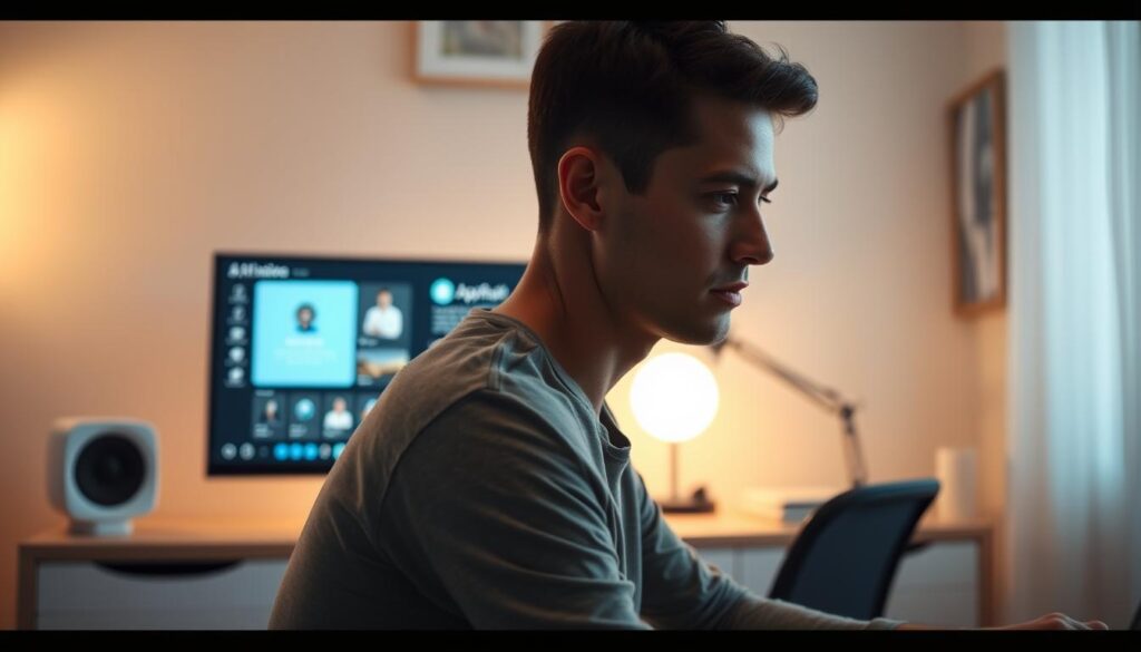 A person sitting in a serene home office, illuminated by soft, diffuse lighting. The background is a minimalist, personalized workspace, with a sleek, high-tech computer monitor displaying an AI assistant's interface. The person's expression is one of focus and engagement, as they interact with the adaptive, personalized system, which offers tailored guidance and support for their individual goals and challenges. The atmosphere conveys a sense of calm, productivity, and the seamless integration of human and artificial intelligence working in harmony. A person sitting in a serene home office, illuminated by soft, diffuse lighting. The background is a minimalist, personalized workspace, with a sleek, high-tech computer monitor displaying an AI assistant's interface. The person's expression is one of focus and engagement, as they interact with the adaptive, personalized system, which offers tailored guidance and support for their individual goals and challenges. The atmosphere conveys a sense of calm, productivity, and the seamless integration of human and artificial intelligence working in harmony.