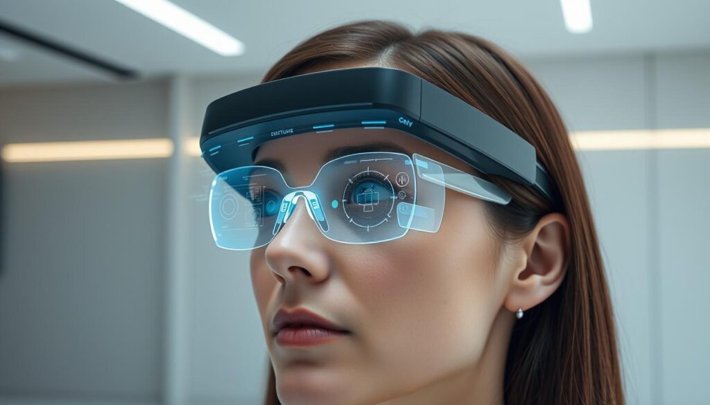 A person wearing a pair of transparent, futuristic smart contact lenses. The lenses seamlessly integrate with their eyes, allowing them to access a holographic user interface floating in their field of vision. The interface displays various digital controls, information overlays, and virtual objects that the user can interact with using natural eye movements and blinks. The background is a minimalist, high-tech setting with clean lines, muted colors, and subtle lighting, emphasizing the advanced technology and the immersive user experience. The overall mood is one of effortless integration between technology and the human body, showcasing the next step in augmented vision. A person wearing a pair of transparent, futuristic smart contact lenses. The lenses seamlessly integrate with their eyes, allowing them to access a holographic user interface floating in their field of vision. The interface displays various digital controls, information overlays, and virtual objects that the user can interact with using natural eye movements and blinks. The background is a minimalist, high-tech setting with clean lines, muted colors, and subtle lighting, emphasizing the advanced technology and the immersive user experience. The overall mood is one of effortless integration between technology and the human body, showcasing the next step in augmented vision.