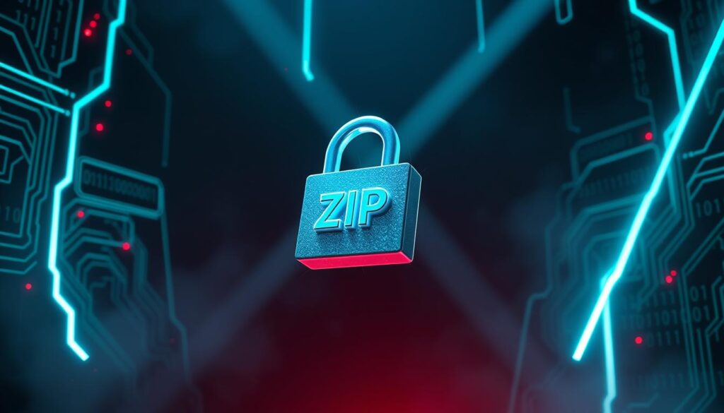 A secure data archive (.zip) file floating against a dark, ominous cyberpunk backdrop. Glowing neon circuits and binary code swirl menacingly around the archive, hinting at the digital threats concealed within. Dramatic shadows and dramatic angles emphasize the sinister nature of this common attack vector. Shafts of eerie blue-green light cast an ominous glow, as if the archive itself is radiating an unnatural energy. The overall atmosphere is one of digital foreboding and technological peril. A secure data archive (.zip) file floating against a dark, ominous cyberpunk backdrop. Glowing neon circuits and binary code swirl menacingly around the archive, hinting at the digital threats concealed within. Dramatic shadows and dramatic angles emphasize the sinister nature of this common attack vector. Shafts of eerie blue-green light cast an ominous glow, as if the archive itself is radiating an unnatural energy. The overall atmosphere is one of digital foreboding and technological peril.