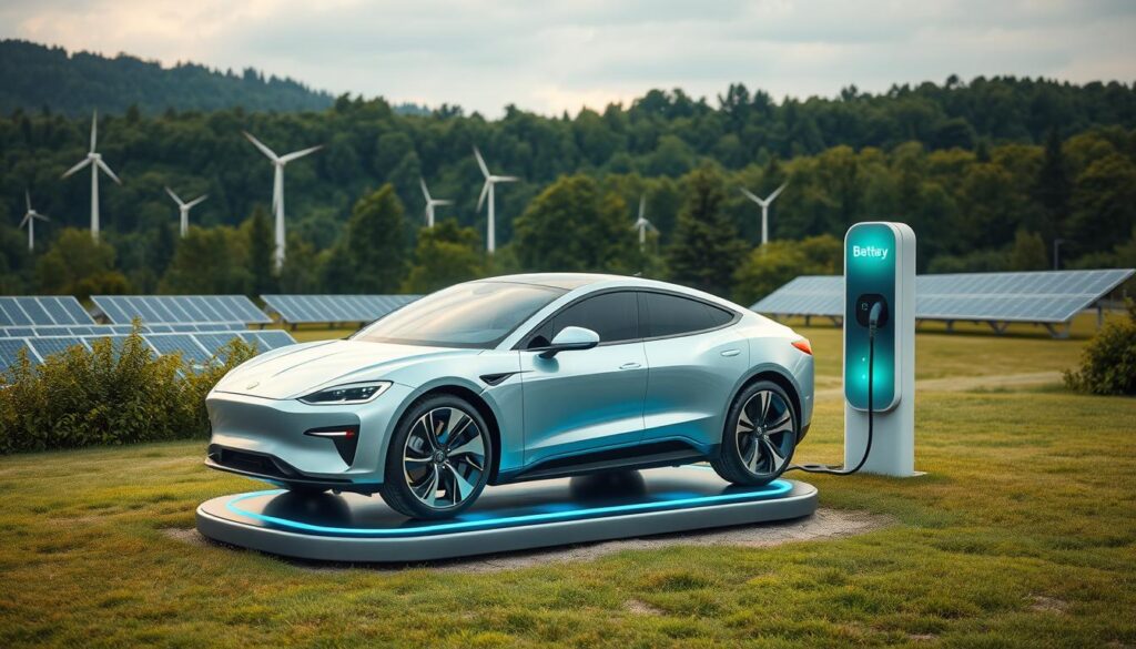 A serene landscape showcasing sustainable battery technologies. In the foreground, a sleek and modern electric vehicle charges seamlessly on a wireless pad, its battery glowing with a vibrant, eco-friendly blue hue. In the middle ground, rows of solar panels and wind turbines dot the horizon, harnessing renewable energy to power the charging station. The background features a lush, verdant forest, conveying a sense of harmony between technological innovation and the natural world. The scene is bathed in soft, diffused lighting, creating a calming and aspirational atmosphere. The overall composition emphasizes the potential for a future powered by sustainable, efficient, and environmentally-conscious battery solutions. A serene landscape showcasing sustainable battery technologies. In the foreground, a sleek and modern electric vehicle charges seamlessly on a wireless pad, its battery glowing with a vibrant, eco-friendly blue hue. In the middle ground, rows of solar panels and wind turbines dot the horizon, harnessing renewable energy to power the charging station. The background features a lush, verdant forest, conveying a sense of harmony between technological innovation and the natural world. The scene is bathed in soft, diffused lighting, creating a calming and aspirational atmosphere. The overall composition emphasizes the potential for a future powered by sustainable, efficient, and environmentally-conscious battery solutions.