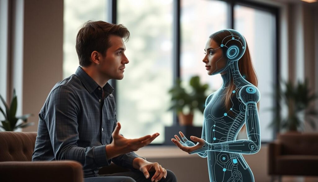 A serene office setting with natural lighting filtering through large windows. In the foreground, two individuals - a human and an AI avatar - engaged in a thoughtful discussion, their body language conveying a sense of collaboration and trust. The AI guide, represented by a sleek, holographic figure, gestures empathetically as the human client leans in, their expression open and attentive. The background subtly blurs, drawing the viewer's focus to the core interaction, capturing the essence of an AI-powered life coaching session. The overall tone is one of calm, personalized guidance, hinting at the transformative potential of this emerging technology. A serene office setting with natural lighting filtering through large windows. In the foreground, two individuals - a human and an AI avatar - engaged in a thoughtful discussion, their body language conveying a sense of collaboration and trust. The AI guide, represented by a sleek, holographic figure, gestures empathetically as the human client leans in, their expression open and attentive. The background subtly blurs, drawing the viewer's focus to the core interaction, capturing the essence of an AI-powered life coaching session. The overall tone is one of calm, personalized guidance, hinting at the transformative potential of this emerging technology.