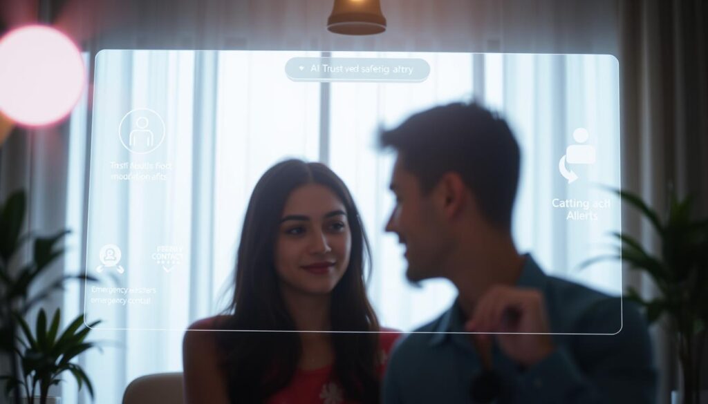 A serene, well-lit virtual dating environment, showcasing AI-powered safety features. In the foreground, a couple engaged in a video call, their faces illuminated by soft, flattering lighting. In the background, discreet icons and indicators convey trust-building tools like identity verification, moderation alerts, and emergency contact options. The scene exudes a calm, professional atmosphere, with a minimalist user interface and soothing color palette to prioritize user comfort and security. Lens flares and depth of field blur the edges, creating a sense of intimacy and focus on the core interaction. AI online dating : a serene, well-lit virtual dating environment, showcasing AI-powered safety features. In the foreground, a couple engaged in a video call, their faces illuminated by soft, flattering lighting. In the background, discreet icons and indicators convey trust-building tools like identity verification, moderation alerts, and emergency contact options. The scene exudes a calm, professional atmosphere, with a minimalist user interface and soothing color palette to prioritize user comfort and security. Lens flares and depth of field blur the edges, creating a sense of intimacy and focus on the core interaction.