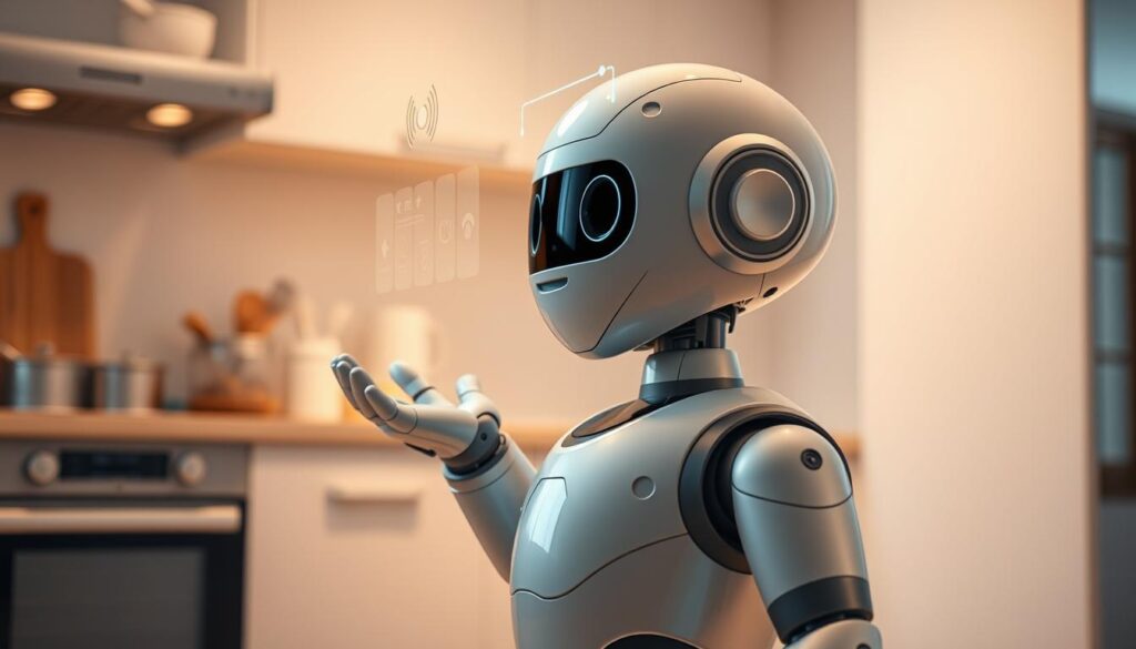A sleek, advanced domestic robot stands in a warm, well-lit kitchen, its array of sensors and safety features on full display. Soft ambient lighting highlights its smooth, metallic chassis, while a simple but intuitive holographic interface hovers above its palm, showcasing user-friendly controls. In the background, a kitchen counter displays various cooking implements, exemplifying the robot's versatile capabilities. The robot's body language conveys a sense of reassurance and trustworthiness, inviting the user to interact with it seamlessly. Subtle design cues suggest a keen focus on user safety, with strategically placed bumpers and sensors to prevent collisions. This image captures the cutting-edge technology and user-friendly design that will define the next generation of domestic robot assistants. A sleek, advanced domestic robot stands in a warm, well-lit kitchen, its array of sensors and safety features on full display. Soft ambient lighting highlights its smooth, metallic chassis, while a simple but intuitive holographic interface hovers above its palm, showcasing user-friendly controls. In the background, a kitchen counter displays various cooking implements, exemplifying the robot's versatile capabilities. The robot's body language conveys a sense of reassurance and trustworthiness, inviting the user to interact with it seamlessly. Subtle design cues suggest a keen focus on user safety, with strategically placed bumpers and sensors to prevent collisions. This image captures the cutting-edge technology and user-friendly design that will define the next generation of domestic robot assistants.