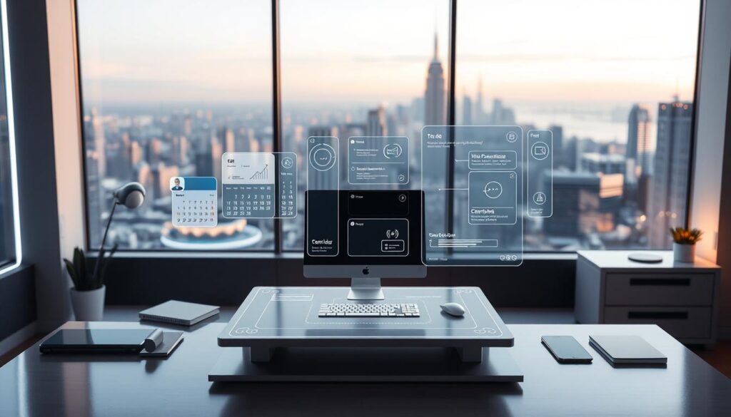 A sleek and minimalist workspace filled with holographic AI productivity tools. In the foreground, a floating digital assistant hovers, ready to assist with a variety of tasks. The middle ground showcases a projected calendar, to-do list, and virtual note-taking interface. In the background, a panoramic window reveals a futuristic city skyline, bathed in warm, diffused lighting. The overall atmosphere is one of efficiency, innovation, and seamless integration of AI-powered solutions into the modern work environment. A sleek and minimalist workspace filled with holographic AI productivity tools. In the foreground, a floating digital assistant hovers, ready to assist with a variety of tasks. The middle ground showcases a projected calendar, to-do list, and virtual note-taking interface. In the background, a panoramic window reveals a futuristic city skyline, bathed in warm, diffused lighting. The overall atmosphere is one of efficiency, innovation, and seamless integration of AI-powered solutions into the modern work environment.