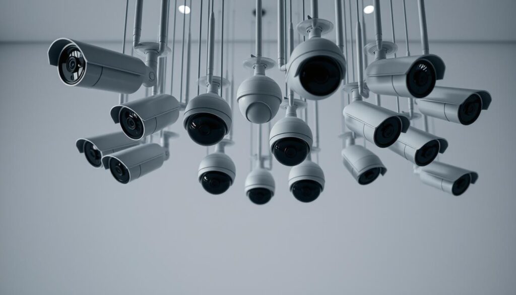 A sleek array of wireless surveillance cameras suspended against a stark, minimalist backdrop. High-resolution lenses and discreet housings designed for optimal coverage and low visual impact. Ambient soft lighting casts a subtle glow, heightening the technological sophistication. The cameras seem to float effortlessly, their interconnected network symbolizing the ever-expanding reach of modern surveillance. Across the frame, a sense of subtle unease lingers, hinting at the complex debates surrounding the ethics and implications of such advanced monitoring systems. A sleek array of wireless surveillance cameras suspended against a stark, minimalist backdrop. High-resolution lenses and discreet housings designed for optimal coverage and low visual impact. Ambient soft lighting casts a subtle glow, heightening the technological sophistication. The cameras seem to float effortlessly, their interconnected network symbolizing the ever-expanding reach of modern surveillance. Across the frame, a sense of subtle unease lingers, hinting at the complex debates surrounding the ethics and implications of such advanced monitoring systems.