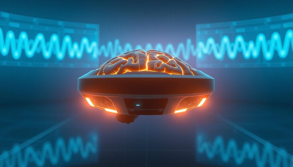 A sleek, futuristic brain-computer interface device hovers in the foreground, its intricate circuitry and neural sensors glowing softly. In the middle ground, holographic displays project vivid visualizations of brainwave patterns, pulsing and undulating in mesmerizing rhythms. The background is a serene, minimalist digital landscape, bathed in cool, ethereal lighting that evokes a sense of technological wonder and scientific advancement. The overall composition conveys the power and elegance of brainwave technology, poised to revolutionize the way we interact with and control our digital world. A sleek, futuristic brain-computer interface device hovers in the foreground, its intricate circuitry and neural sensors glowing softly. In the middle ground, holographic displays project vivid visualizations of brainwave patterns, pulsing and undulating in mesmerizing rhythms. The background is a serene, minimalist digital landscape, bathed in cool, ethereal lighting that evokes a sense of technological wonder and scientific advancement. The overall composition conveys the power and elegance of brainwave technology, poised to revolutionize the way we interact with and control our digital world.