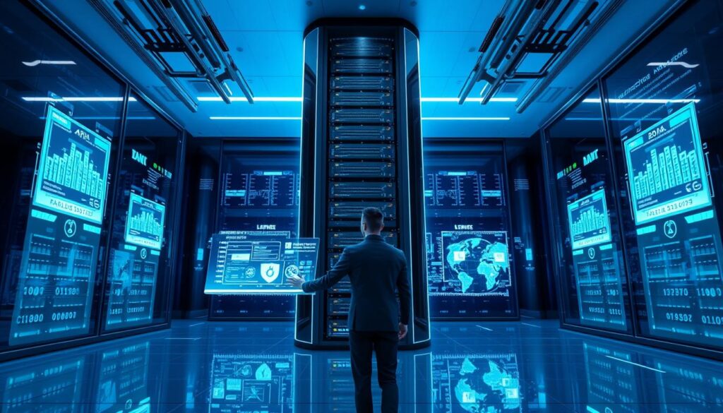 A sleek, futuristic data center with a towering central structure housing advanced server racks. Holographic displays flicker with real-time security analytics, AI-powered algorithms analyzing data streams. The room is bathed in a cool, blue-tinted ambient light, creating an atmosphere of cutting-edge technological sophistication. In the foreground, a floating touchscreen interface allows a cybersecurity expert to seamlessly monitor and control the system, their movements reflected in the glossy surfaces. The overall scene conveys a sense of enhanced digital protection, where machine learning and human expertise converge to safeguard critical information. A sleek, futuristic data center with a towering central structure housing advanced server racks. Holographic displays flicker with real-time security analytics, AI-powered algorithms analyzing data streams. The room is bathed in a cool, blue-tinted ambient light, creating an atmosphere of cutting-edge technological sophistication. In the foreground, a floating touchscreen interface allows a cybersecurity expert to seamlessly monitor and control the system, their movements reflected in the glossy surfaces. The overall scene conveys a sense of enhanced digital protection, where machine learning and human expertise converge to safeguard critical information.