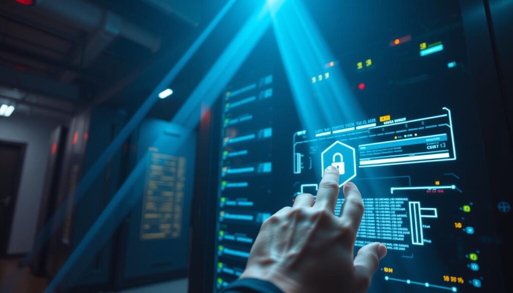 A sleek, futuristic data encryption control panel, its holographic displays casting a soft glow across the dimly lit room. In the foreground, a hand interacts with the system, inputting complex algorithms and security protocols. The background features a towering server rack, its blinking lights and whirring fans conveying the power and complexity of modern data protection. Beams of cyan light scan the environment, creating an atmosphere of technological sophistication and vigilance against cyber threats. The scene exudes a sense of reassurance and control, highlighting the essential role of robust data encryption in safeguarding against the ever-evolving landscape of ransomware attacks. A sleek, futuristic data encryption control panel, its holographic displays casting a soft glow across the dimly lit room. In the foreground, a hand interacts with the system, inputting complex algorithms and security protocols. The background features a towering server rack, its blinking lights and whirring fans conveying the power and complexity of modern data protection. Beams of cyan light scan the environment, creating an atmosphere of technological sophistication and vigilance against cyber threats. The scene exudes a sense of reassurance and control, highlighting the essential role of robust data encryption in safeguarding against the ever-evolving landscape of ransomware attacks.