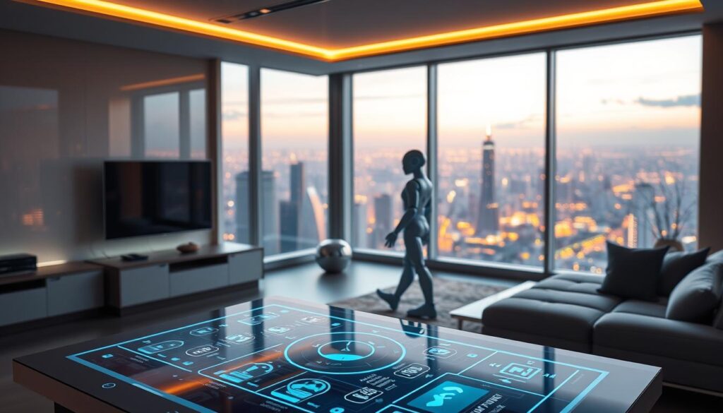 A sleek, futuristic home interior with seamless smart home integration. In the foreground, a central control panel displays a holographic interface, with intuitive touch controls and glowing visualization of interconnected systems. In the middle ground, a humanoid robot assistant moves gracefully, responsive to voice commands. The background reveals panoramic windows overlooking a vibrant, technologically-advanced cityscape bathed in warm, ambient lighting. A sense of harmony and efficiency permeates the scene, reflecting the potential of AI-powered home automation to simplify and enhance modern living. A sleek, futuristic home interior with seamless smart home integration. In the foreground, a central control panel displays a holographic interface, with intuitive touch controls and glowing visualization of interconnected systems. In the middle ground, a humanoid robot assistant moves gracefully, responsive to voice commands. The background reveals panoramic windows overlooking a vibrant, technologically-advanced cityscape bathed in warm, ambient lighting. A sense of harmony and efficiency permeates the scene, reflecting the potential of AI-powered home automation to simplify and enhance modern living.