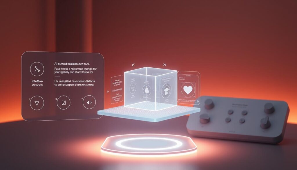 A sleek, futuristic interface with a trio of AI-powered relationship assistance tools hovering in a warm, ethereal glow. In the foreground, a holographic display showcases intuitive controls for analyzing body language and tone. In the middle ground, a 3D visualization pulsates with real-time data on compatibility and shared interests. In the background, a minimalist control panel bathes the scene in a soft, ambient light, ready to offer personalized recommendations to enhance spontaneous street encounters. A sleek, futuristic interface with a trio of AI-powered relationship assistance tools hovering in a warm, ethereal glow. In the foreground, a holographic display showcases intuitive controls for analyzing body language and tone. In the middle ground, a 3D visualization pulsates with real-time data on compatibility and shared interests. In the background, a minimalist control panel bathes the scene in a soft, ambient light, ready to offer personalized recommendations to enhance spontaneous street encounters.
