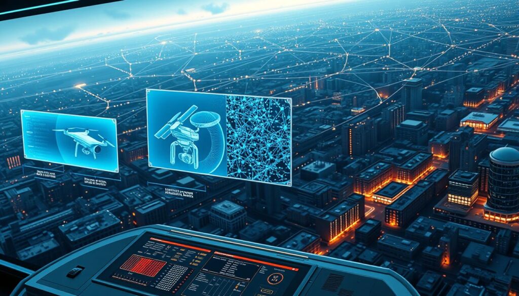 A sleek, futuristic timeline showcasing the evolution of advanced surveillance technology, from analog cameras and wiretaps to cutting-edge nano-sensors and quantum radar. The foreground displays a series of holographic projections, each depicting a key milestone - a panoramic camera drone, a multi-spectrum surveillance satellite, and a swarm of invisible microbots. The middle ground features a 3D-rendered control panel, with intricate interfaces and data visualizations. The background hosts a cityscape blanketed in a web of networked devices, their blinking lights hinting at the unseen data flows powering this cutting-edge surveillance ecosystem. The overall atmosphere is one of awe-inspiring technological progress, tempered by a subtle undercurrent of unease about the implications for privacy and civil liberties. A sleek, futuristic timeline showcasing the evolution of advanced surveillance technology, from analog cameras and wiretaps to cutting-edge nano-sensors and quantum radar. The foreground displays a series of holographic projections, each depicting a key milestone - a panoramic camera drone, a multi-spectrum surveillance satellite, and a swarm of invisible microbots. The middle ground features a 3D-rendered control panel, with intricate interfaces and data visualizations. The background hosts a cityscape blanketed in a web of networked devices, their blinking lights hinting at the unseen data flows powering this cutting-edge surveillance ecosystem. The overall atmosphere is one of awe-inspiring technological progress, tempered by a subtle undercurrent of unease about the implications for privacy and civil liberties.