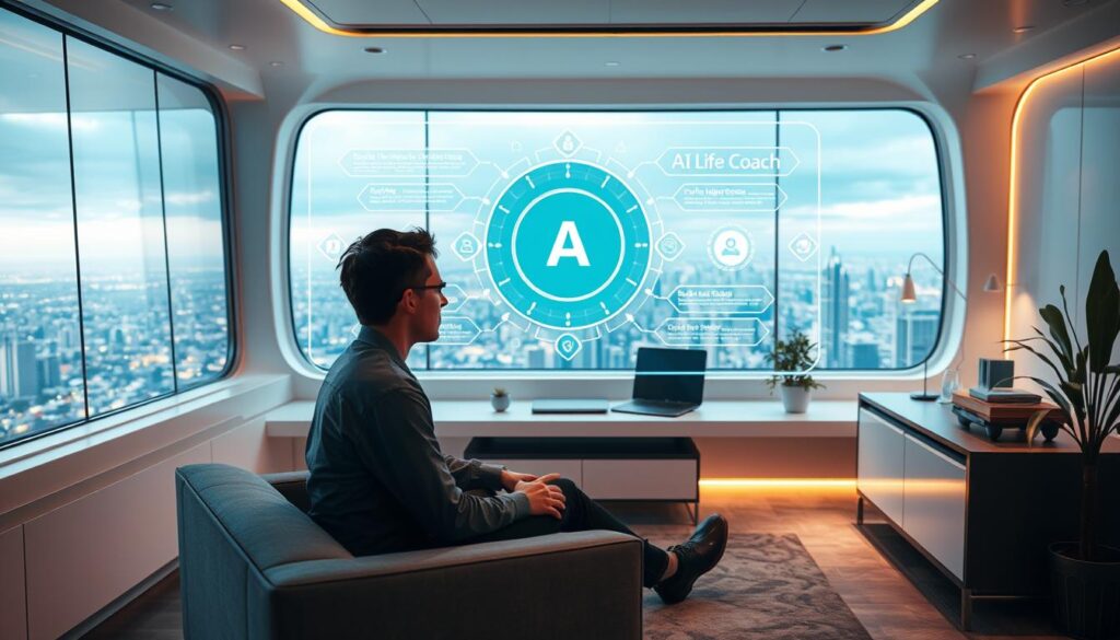 A sleek, futuristic workspace with a central holographic display showcasing a dynamic AI life coach interface. The scene is bathed in a warm, ambient glow, with subtle lighting accents highlighting the clean, minimalist design. In the foreground, a person sits comfortably, engaged with the AI system, their expression one of deep focus and contemplation. The background features a sprawling cityscape visible through large windows, symbolizing the integration of this cutting-edge technology into the modern world. The overall atmosphere conveys a sense of innovation, personalization, and the promise of empowered personal growth. A sleek, futuristic workspace with a central holographic display showcasing a dynamic AI life coach interface. The scene is bathed in a warm, ambient glow, with subtle lighting accents highlighting the clean, minimalist design. In the foreground, a person sits comfortably, engaged with the AI system, their expression one of deep focus and contemplation. The background features a sprawling cityscape visible through large windows, symbolizing the integration of this cutting-edge technology into the modern world. The overall atmosphere conveys a sense of innovation, personalization, and the promise of empowered personal growth.