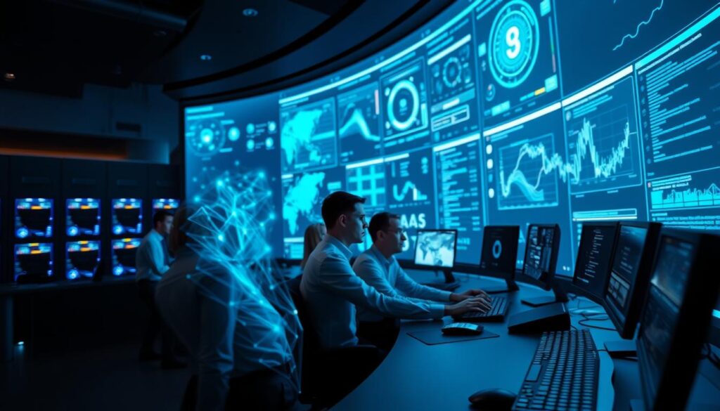 A sleek, high-tech cybersecurity command center, with a large curved display at the center showcasing real-time AI-driven threat analysis. In the foreground, a security analyst in a crisp white shirt and tie intently studies the screen, their face illuminated by the soft blue glow. Arrayed behind them, a team of experts collaborate, their fingers flying across keyboards as they monitor dozens of live data feeds. The background is a dimly lit room, with glowing servers and holographic projections casting an ethereal ambiance. The overall tone is one of focused determination, with the AI and human elements working in seamless harmony to defend against the ever-evolving digital threats. A sleek, high-tech cybersecurity command center, with a large curved display at the center showcasing real-time AI-driven threat analysis. In the foreground, a security analyst in a crisp white shirt and tie intently studies the screen, their face illuminated by the soft blue glow. Arrayed behind them, a team of experts collaborate, their fingers flying across keyboards as they monitor dozens of live data feeds. The background is a dimly lit room, with glowing servers and holographic projections casting an ethereal ambiance. The overall tone is one of focused determination, with the AI and human elements working in seamless harmony to defend against the ever-evolving digital threats.
